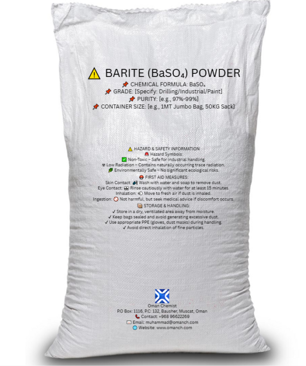 Barite (BaSO₄) mineral powder for drilling fluids and industrial use, available in high purity from Oman Chemist.